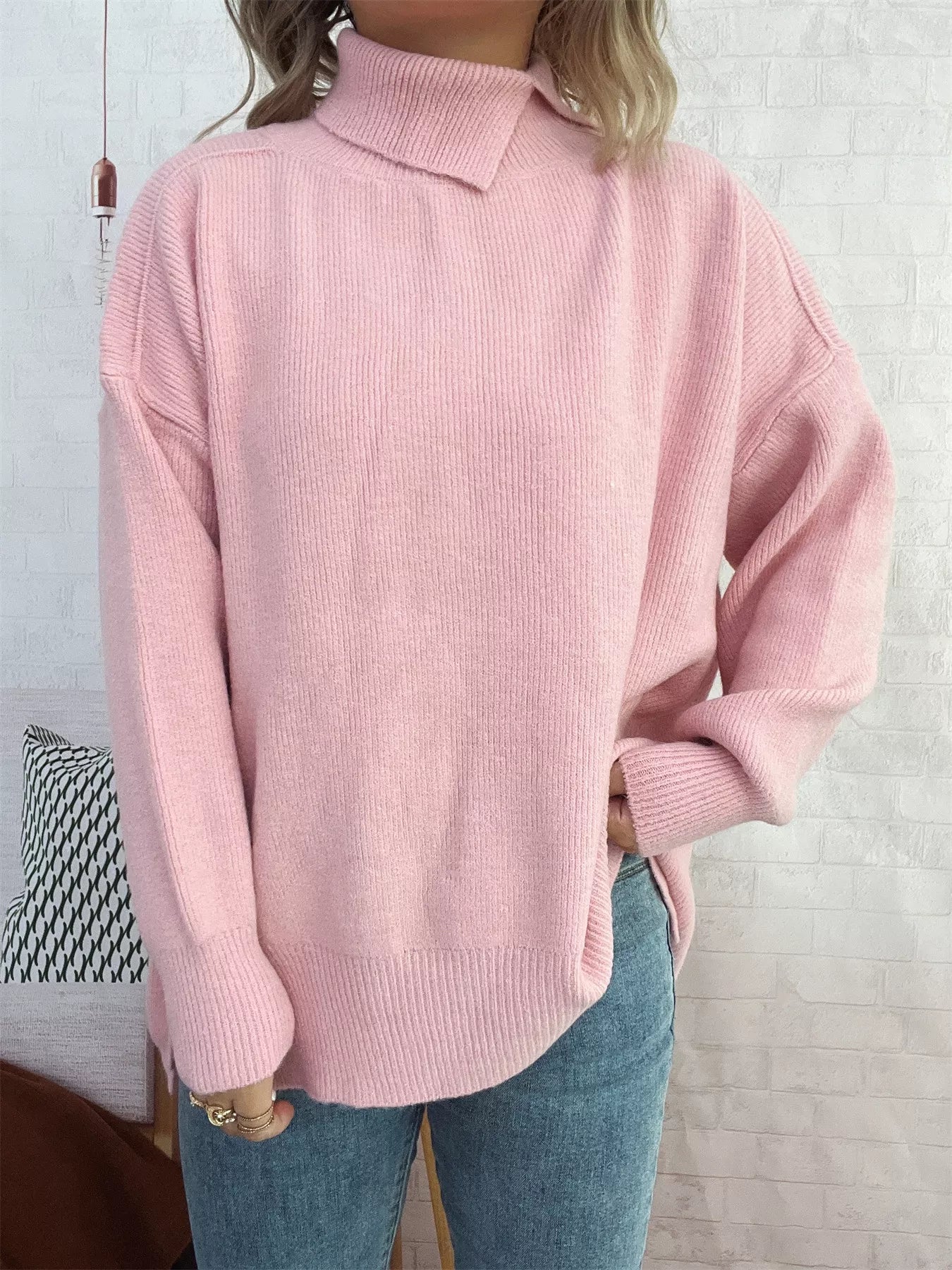 Slit Turtleneck Long Sleeve Sweater 