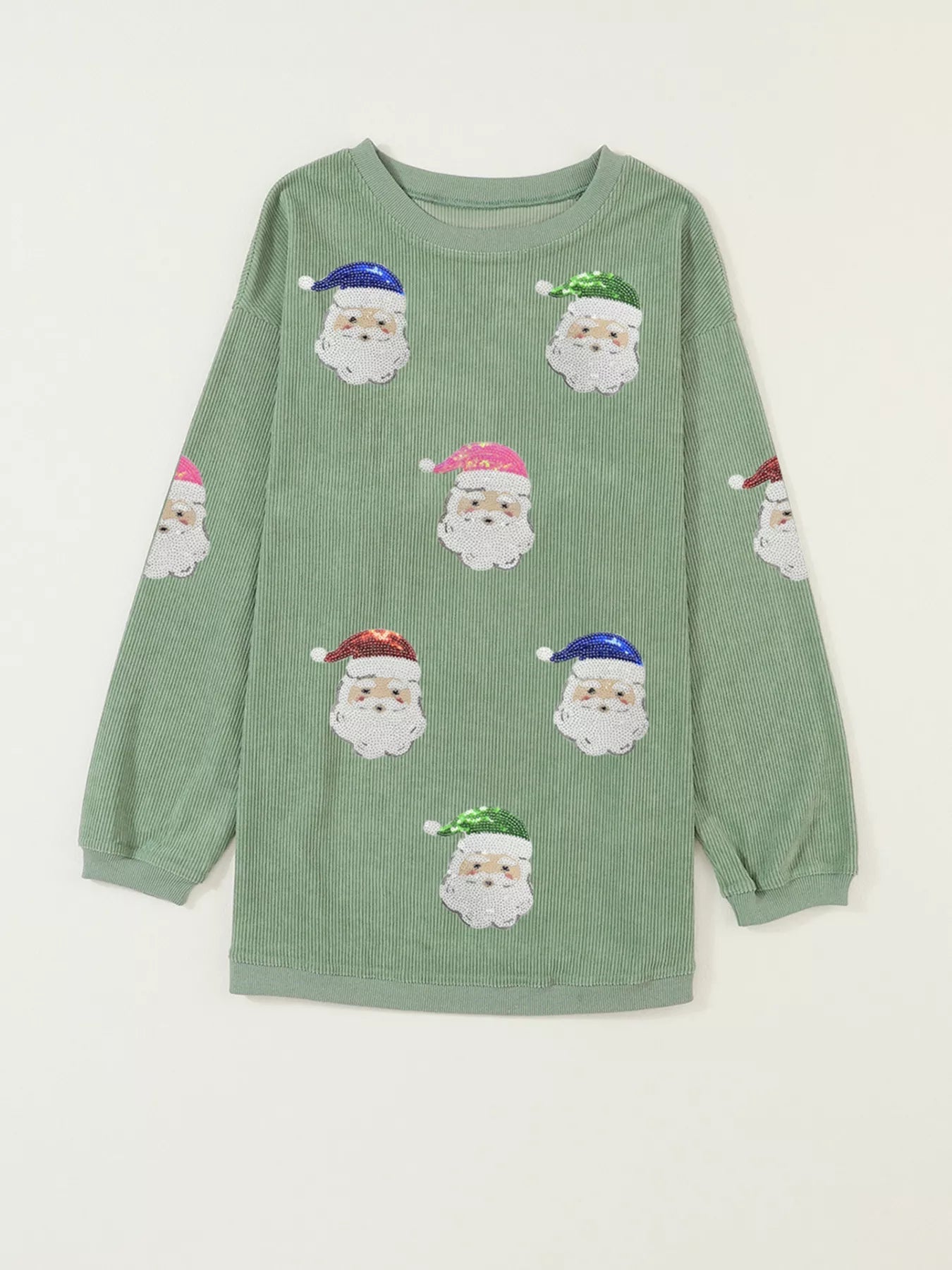Corded Ribbed Sequin Patched Santa Claus Graphic Sweatshirt 