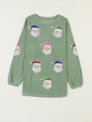 Corded Ribbed Sequin Patched Santa Claus Graphic Sweatshirt 