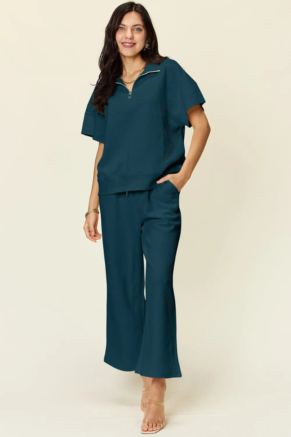 Double Take Full Size Texture Half Zip Short Sleeve Top and Pants Set 