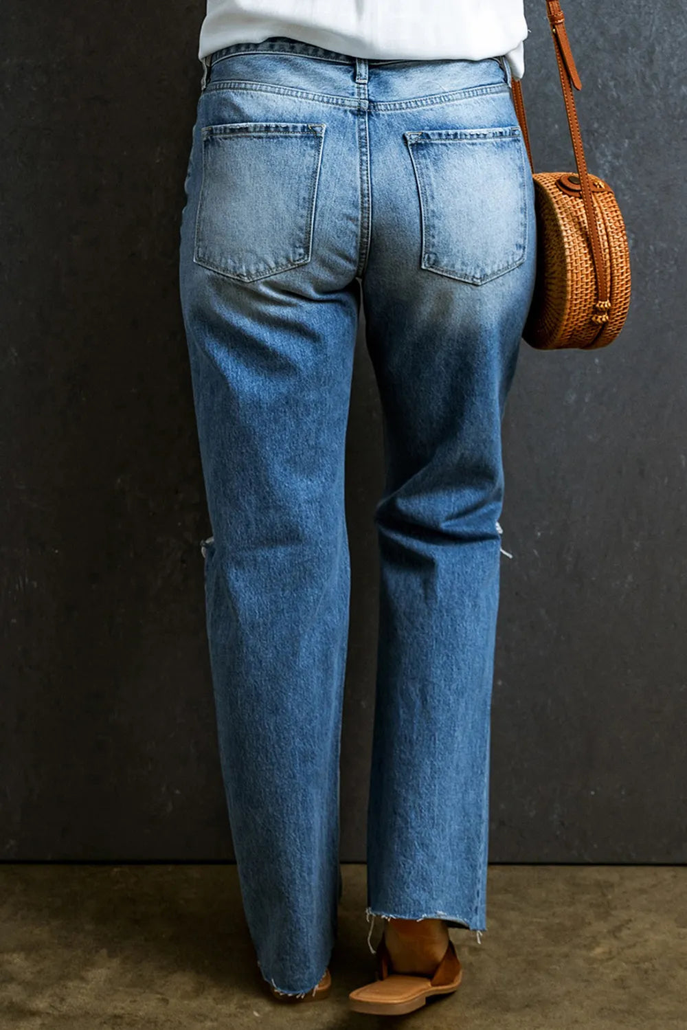 Distressed Raw Hem Jeans with Pockets 