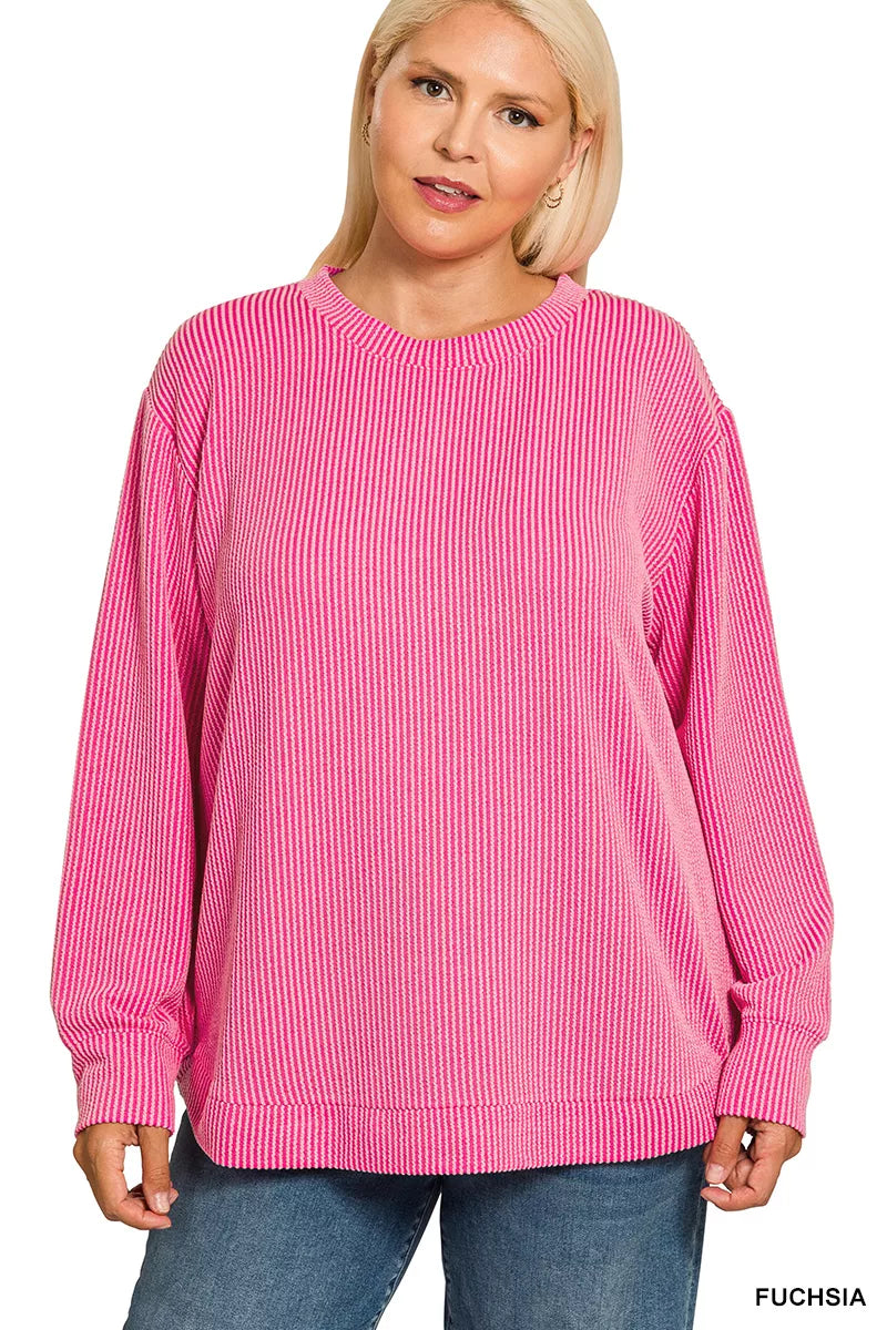 Zenana Full Size Raised Rib Round Neck Long Sleeve Top Plus Size 