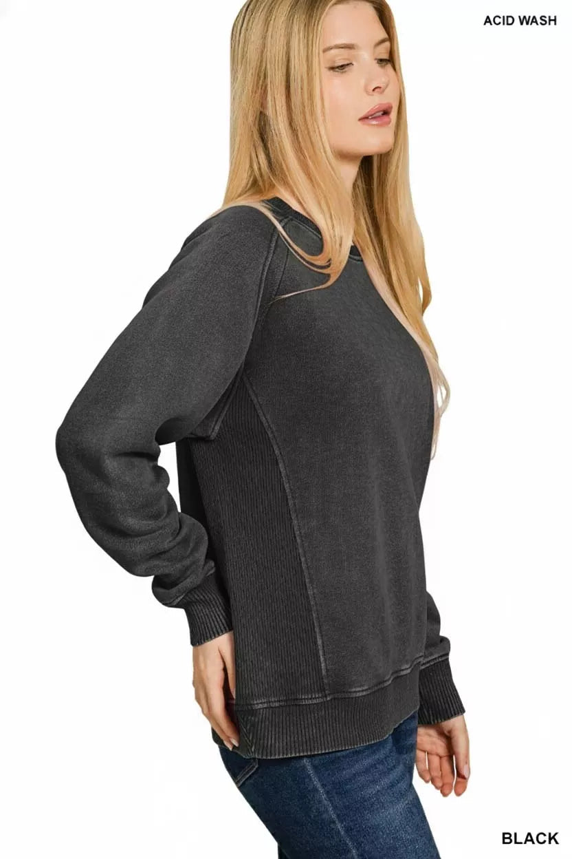 Zenana Acid Washed Fleece Sweatshirt with Side Rib 