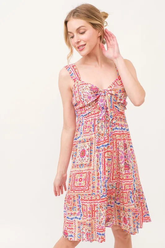And The Why Tied Front Smocked Back Tiered Boho Printed Dress 