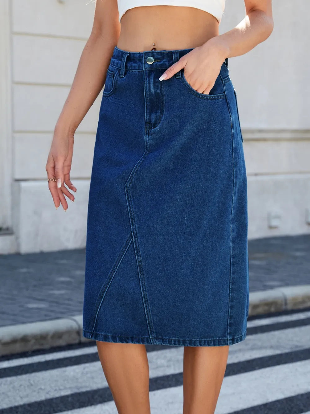 Slit Back Midi Denim Skirt 