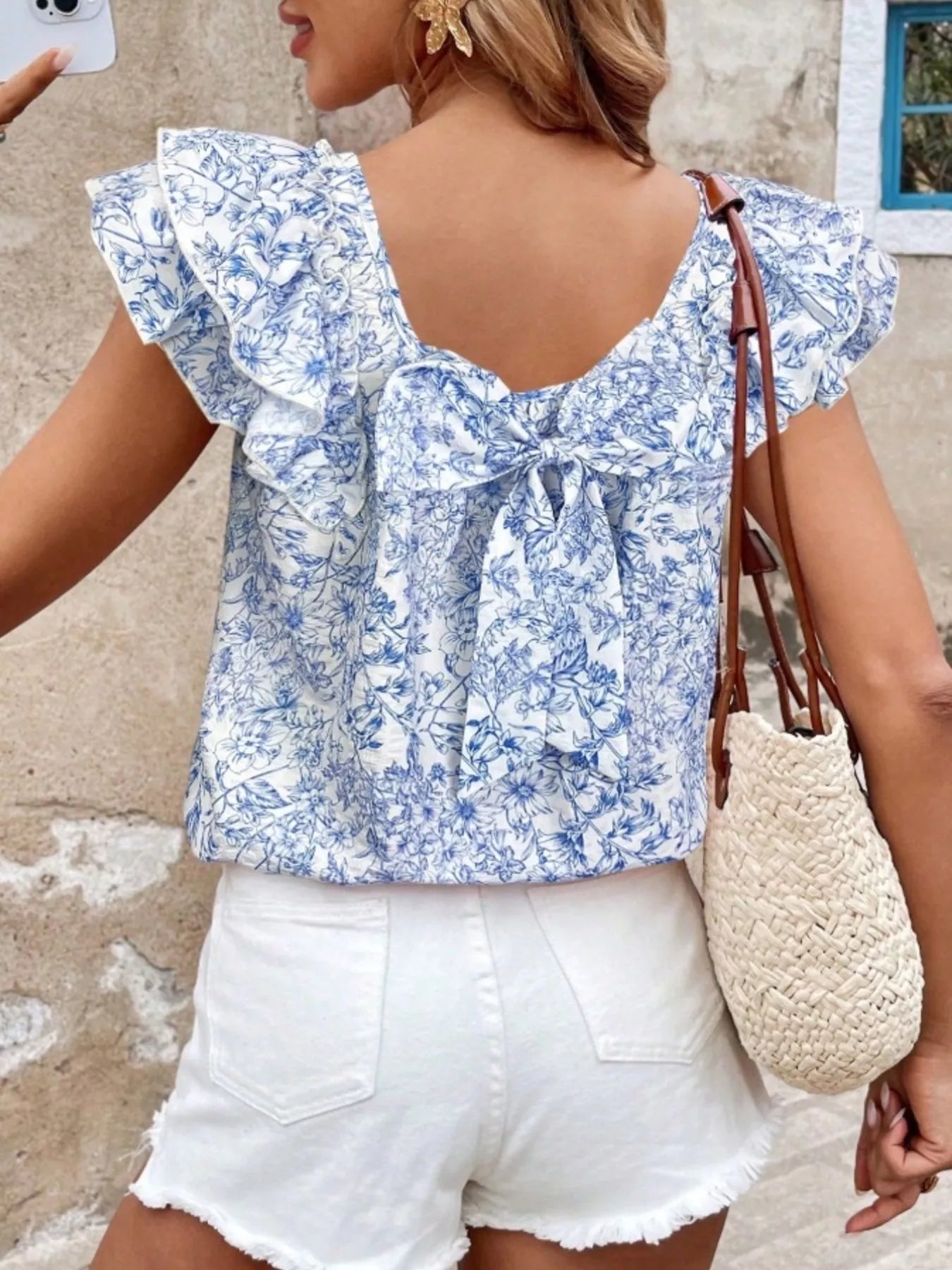 Floral Print Ruffle Trim Blouse 