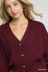 Umgee Chunky Cable Knit V-Neck Button-Up Cardigan 