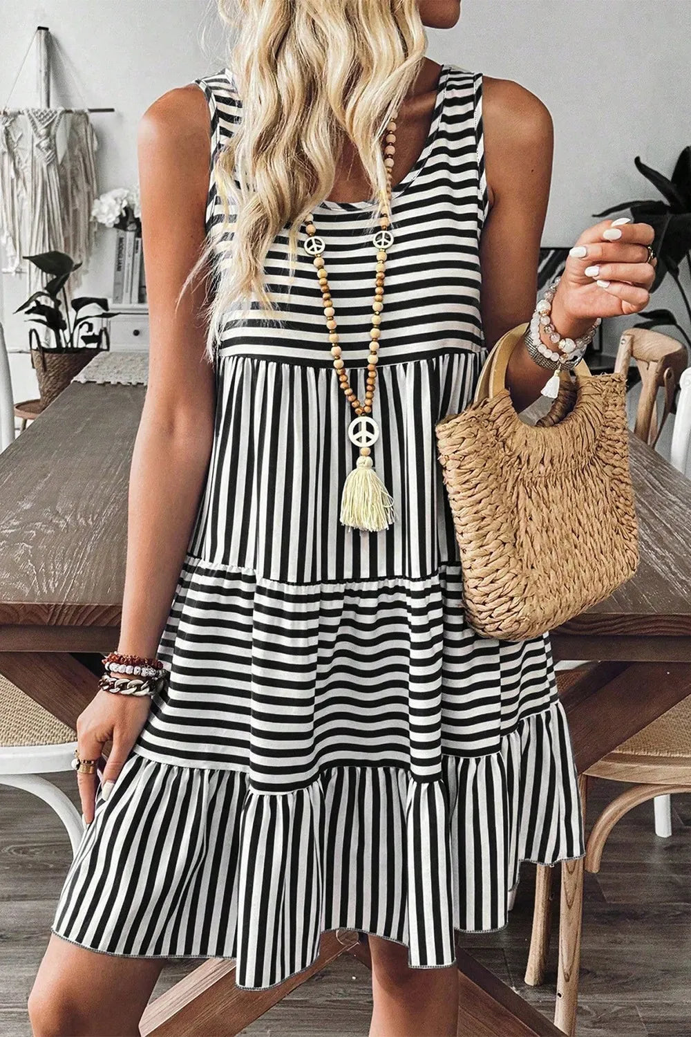 Striped Round Neck Sleeveless Mini Dress 