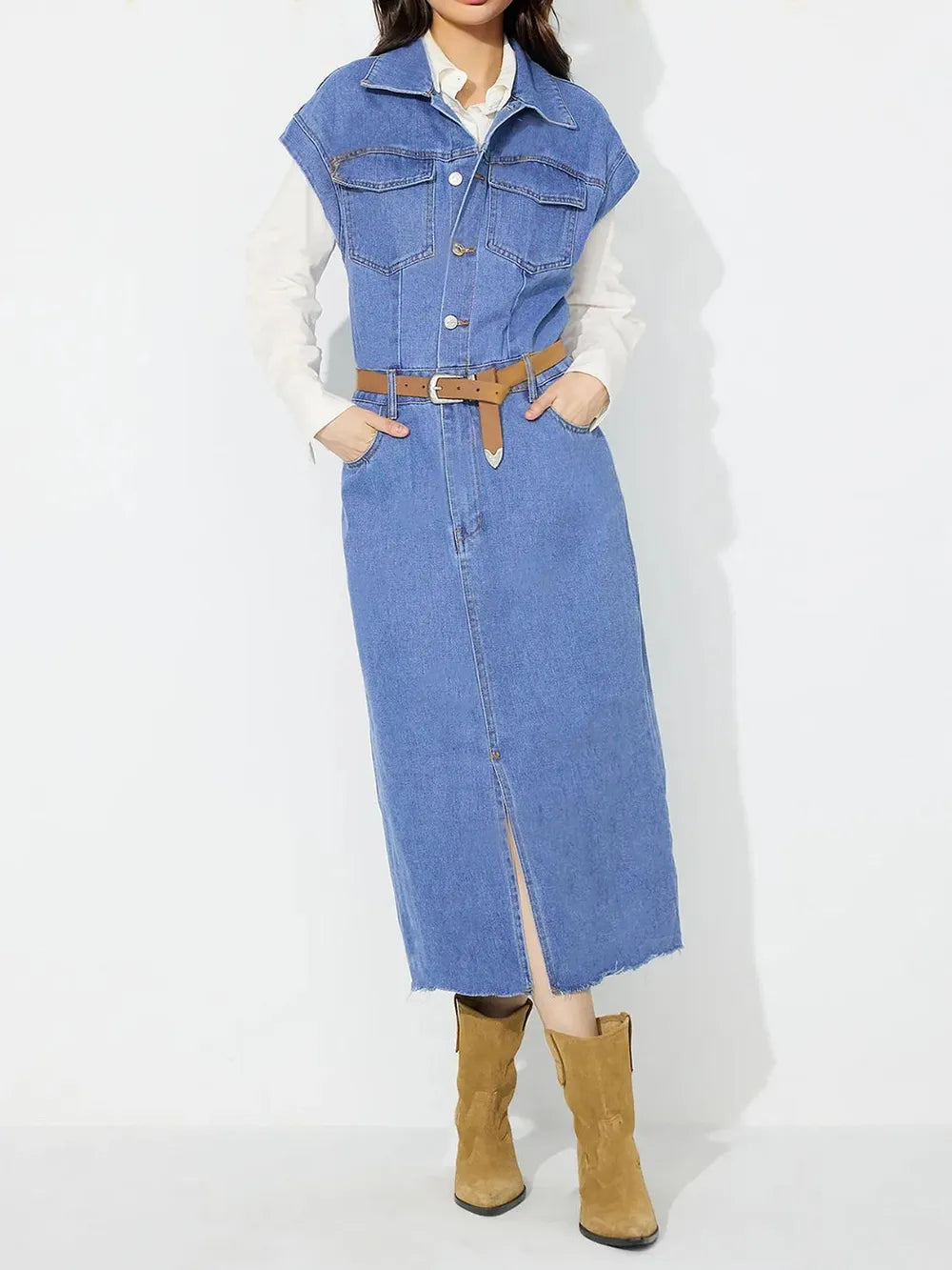 Slit Half Button Collared Neck Cap Sleeve Denim Dress 
