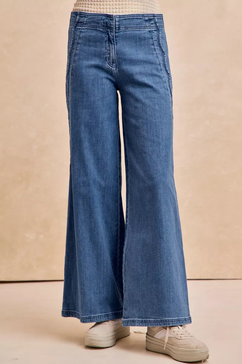 BiBi Wavy Side Edge Detail Lined Wide Leg Jeans 
