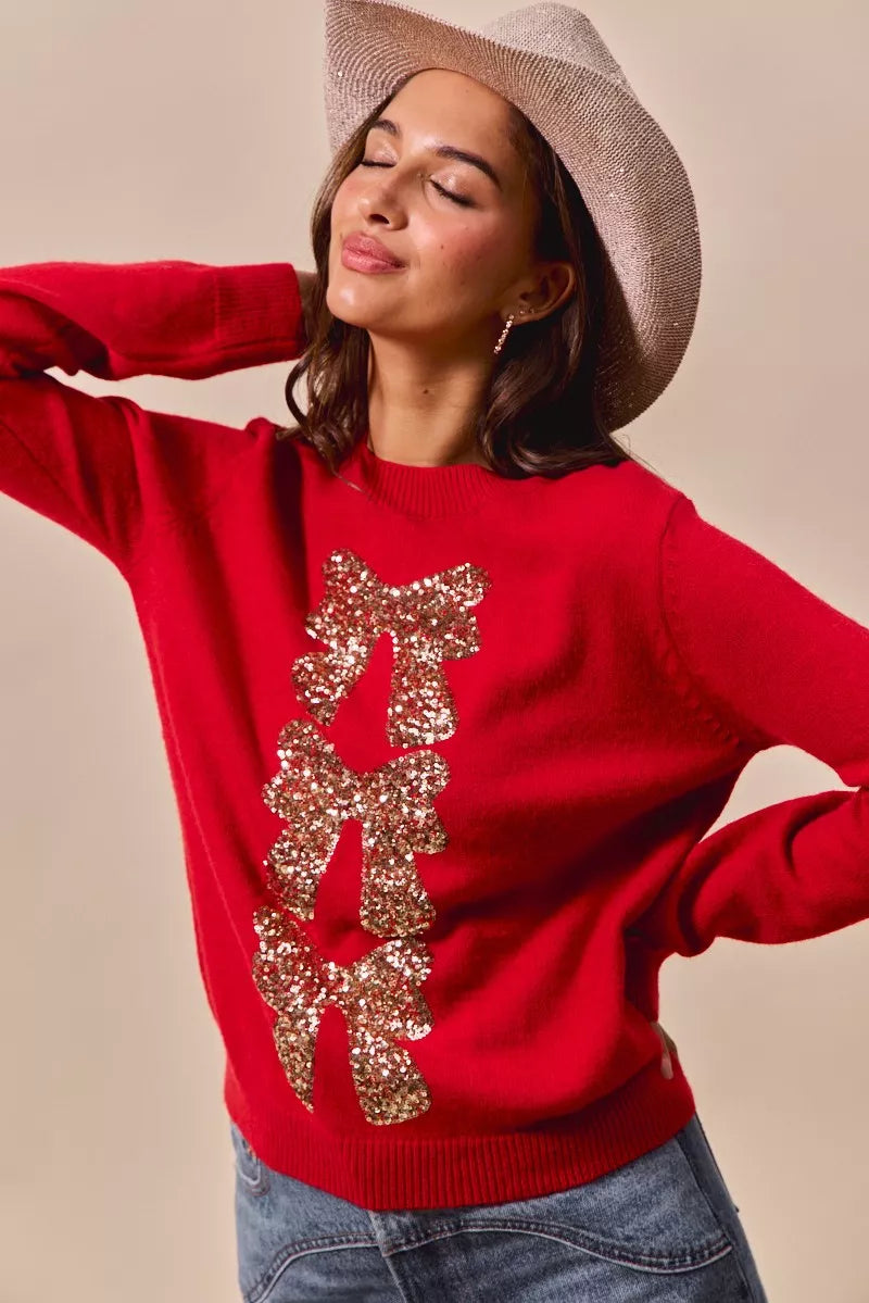 SO ME Sequins Bow Ribbon Embellished Christmas Sweater 