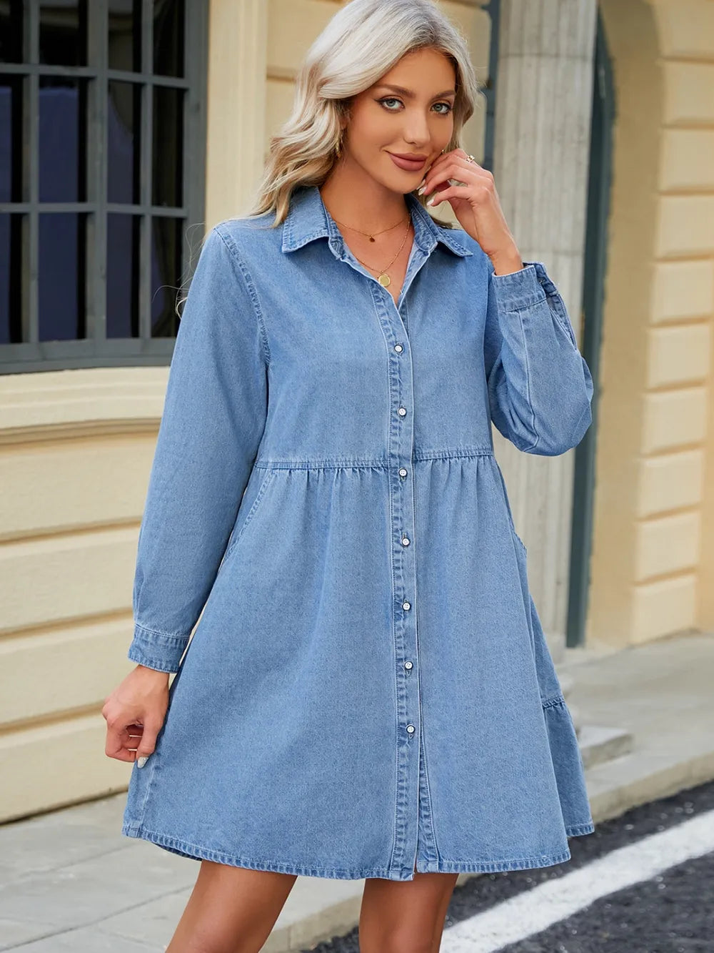 Tiered Button Up Long Sleeve Denim Dress 