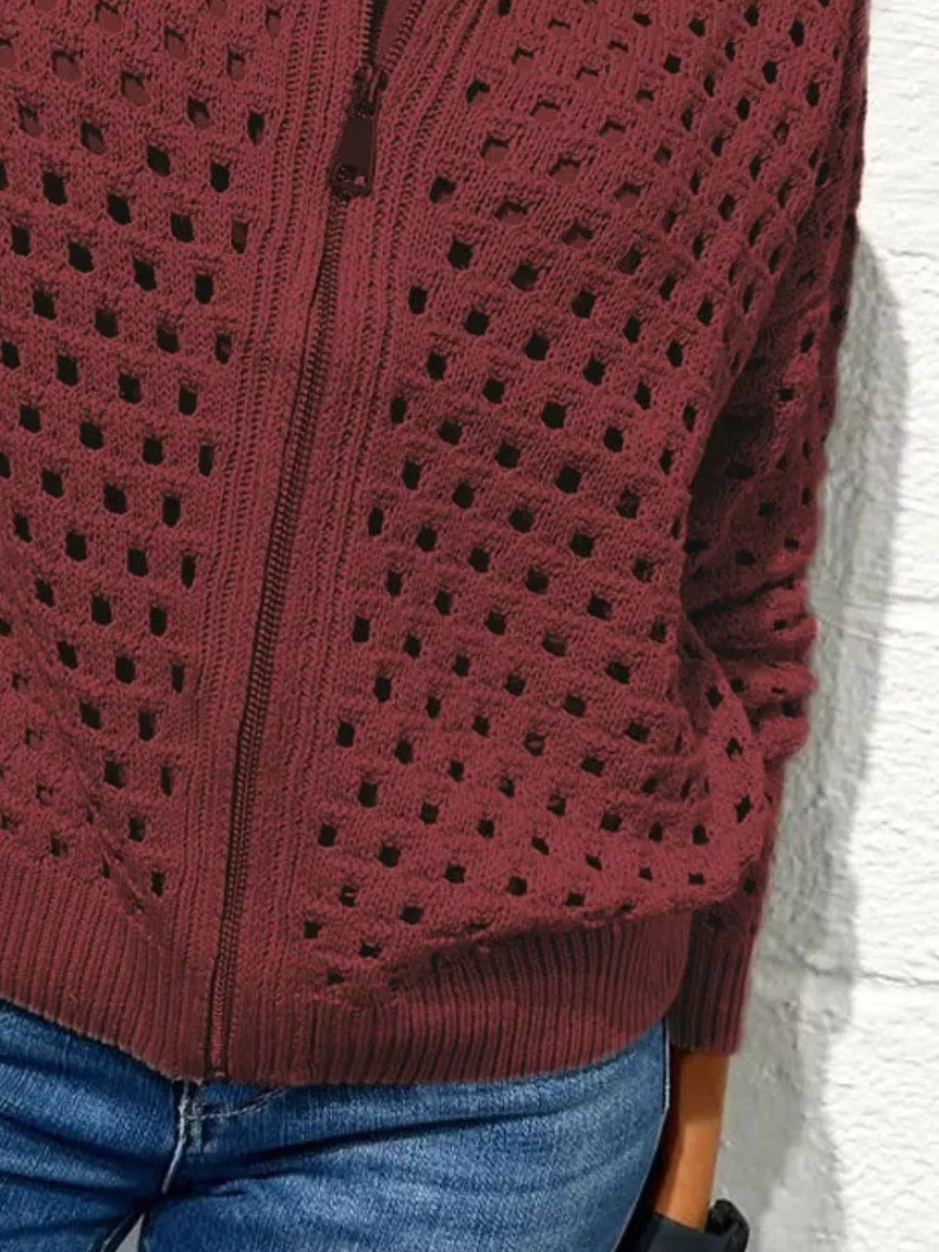 Full Size Zip Up Long Sleeve Cardigan with Eyelet Detail Plus Size 