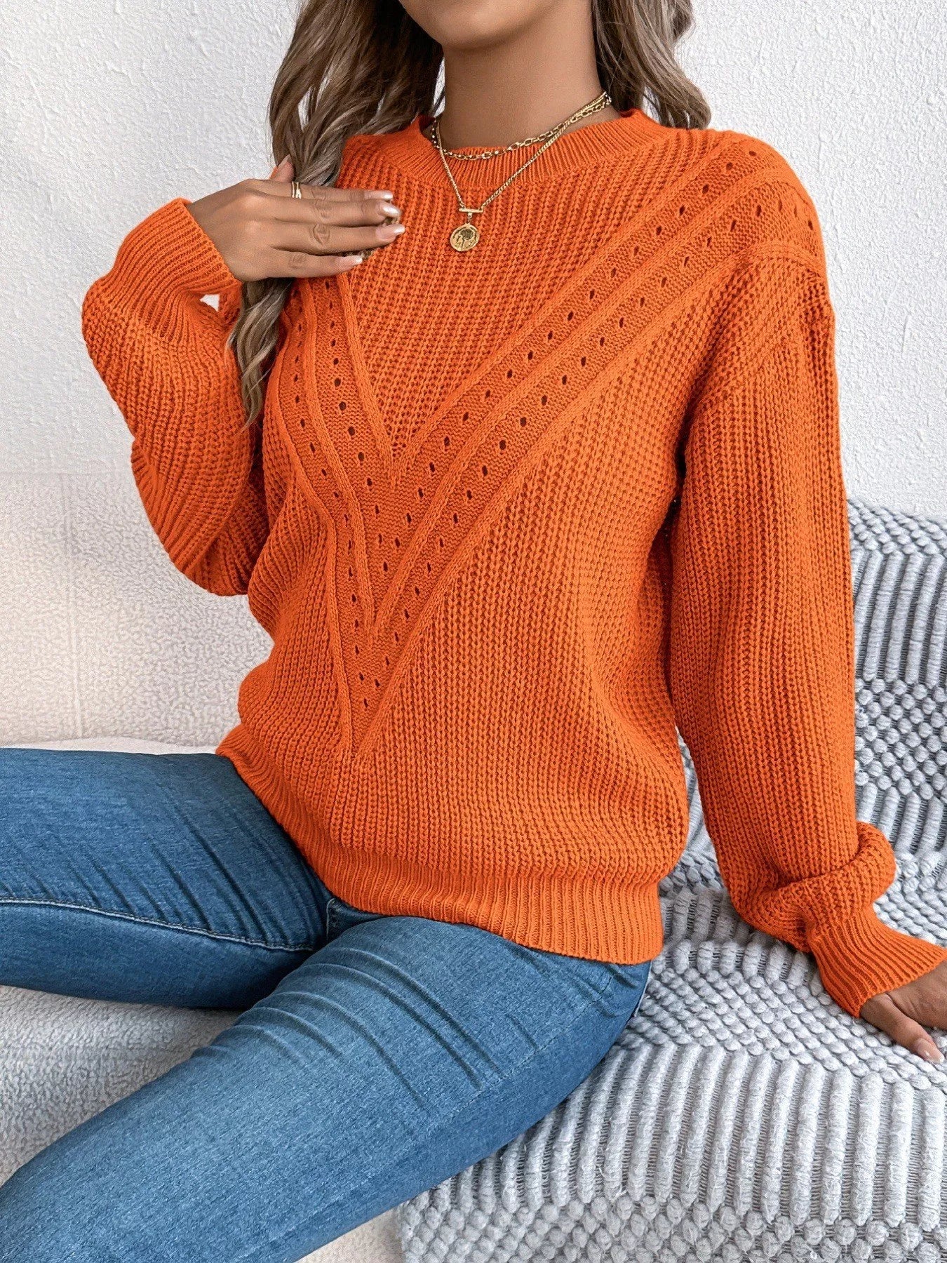 Openwork Round Neck Sweater 