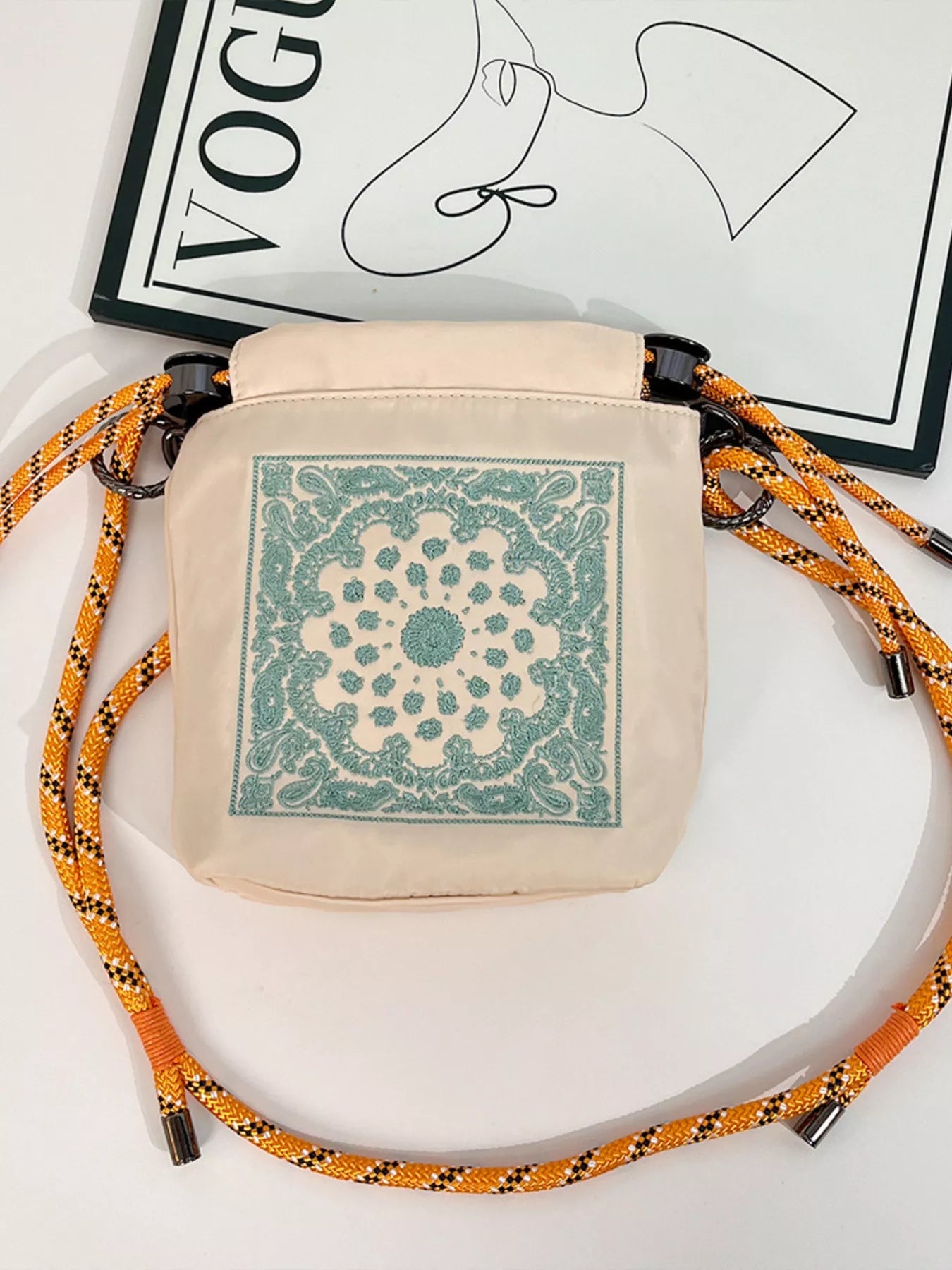Embroidered Crossbody Bag with Rope Strap 