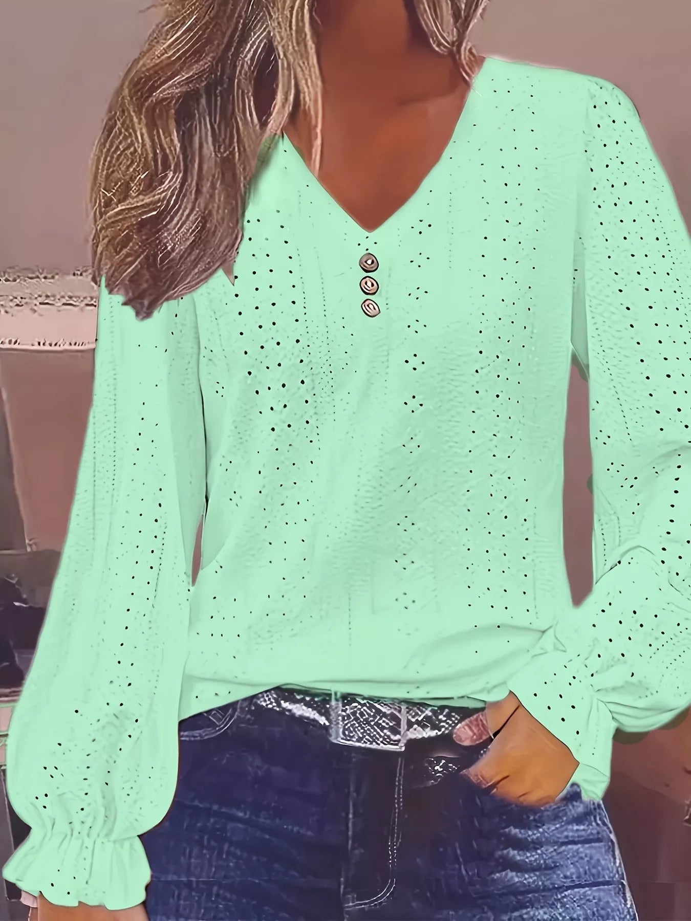 Plus Size Eyelet V-Neck Flounce Sleeve Blouse 