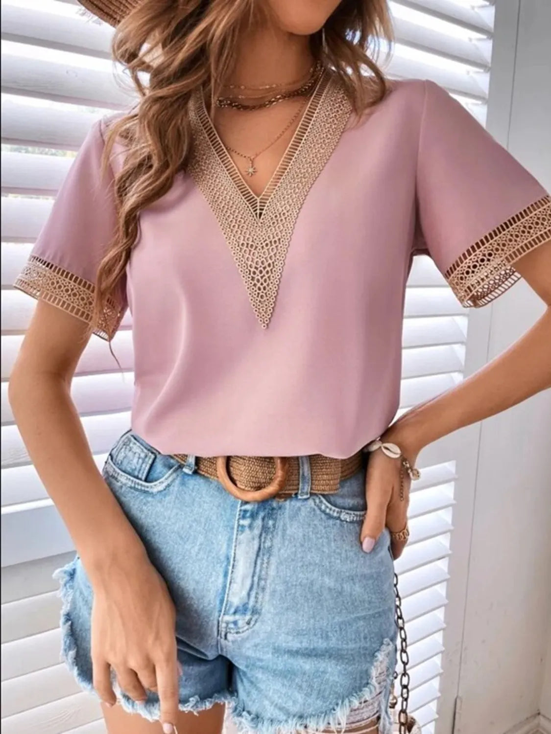 Full Size Contrast V-Neck Short Sleeve Blouse Plus Size 