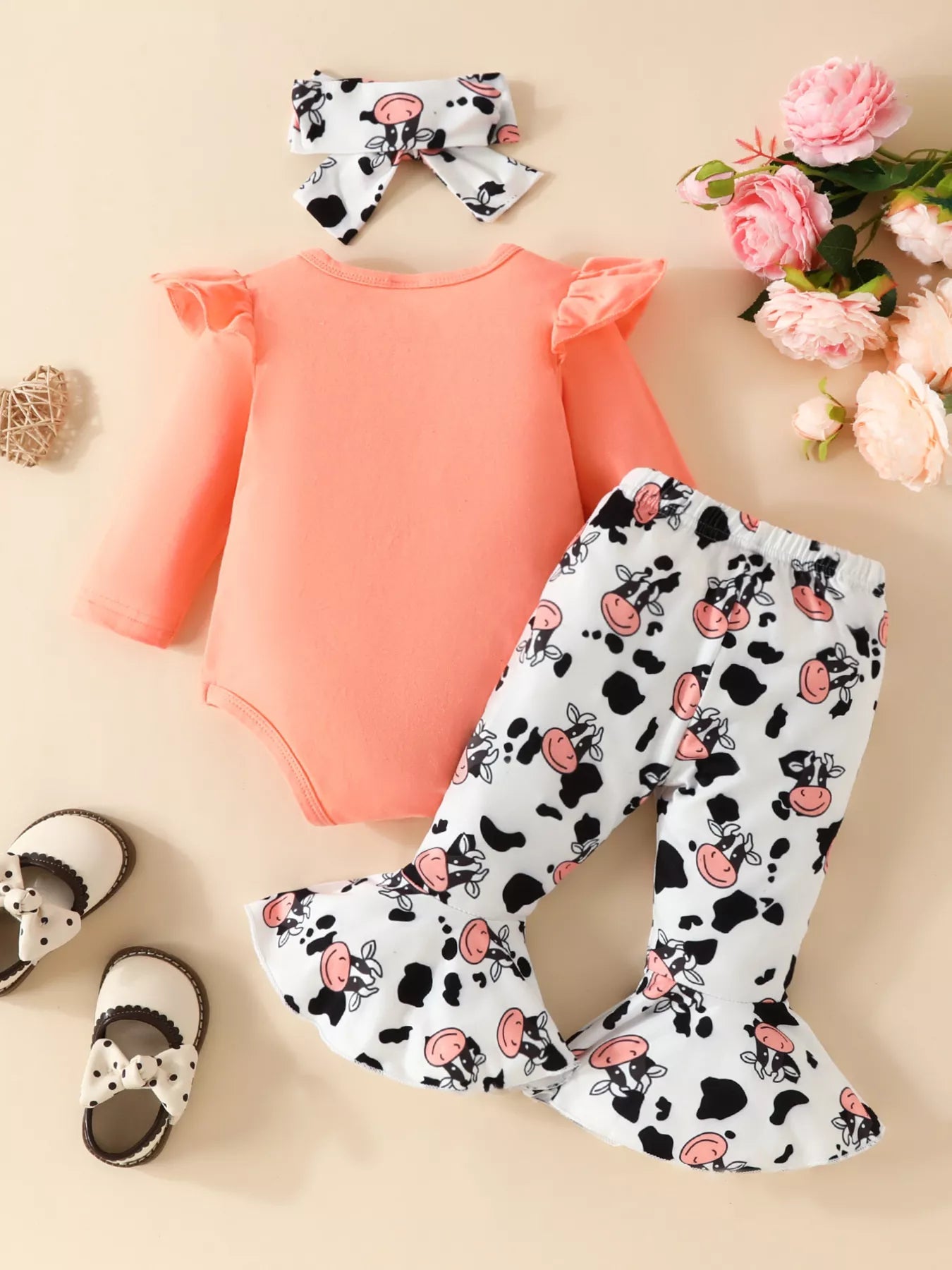 Children's Cow Graphic Ruffle Trim Bodysuit and Pants Set 