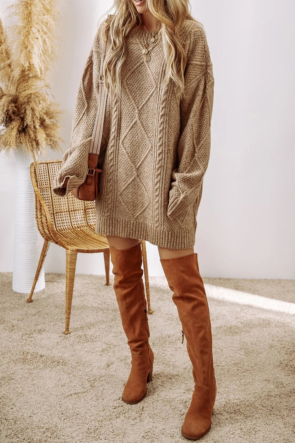 Cable-Knit Round Neck Sweater Dress 