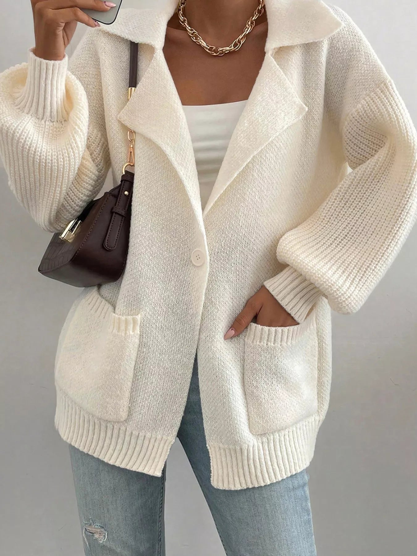 Solid Color Knit Lapel Collar Single Button Sweater Cardigan 
