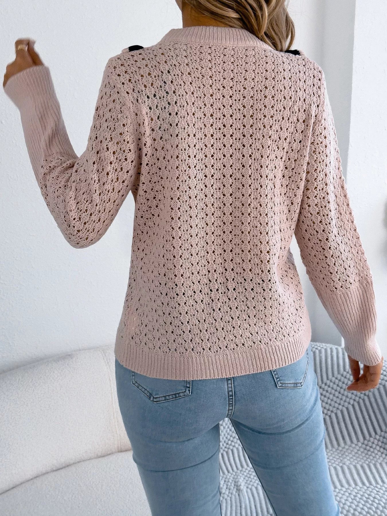 Hollow-Out Knit Top with Contrast Trim 