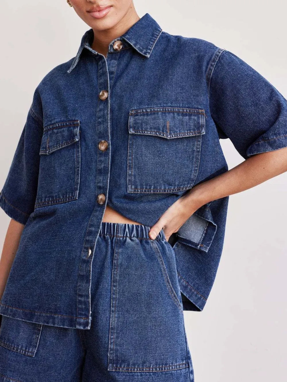 Button Up Half Sleeve Denim Shirt 