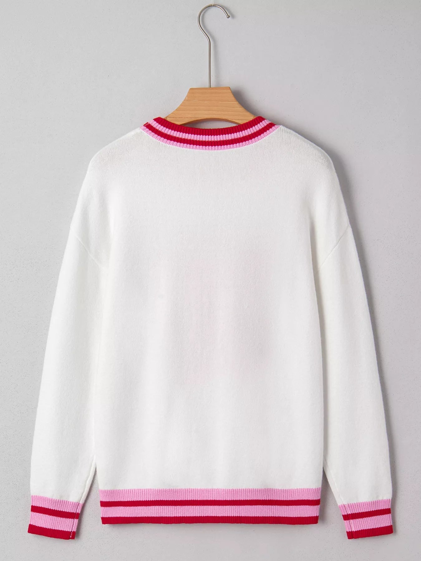 Striped Trim Bow Graphic Round Neck Drop Shoulder Sweater 