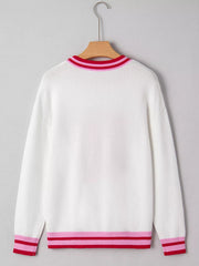 Striped Trim Bow Graphic Round Neck Drop Shoulder Sweater 