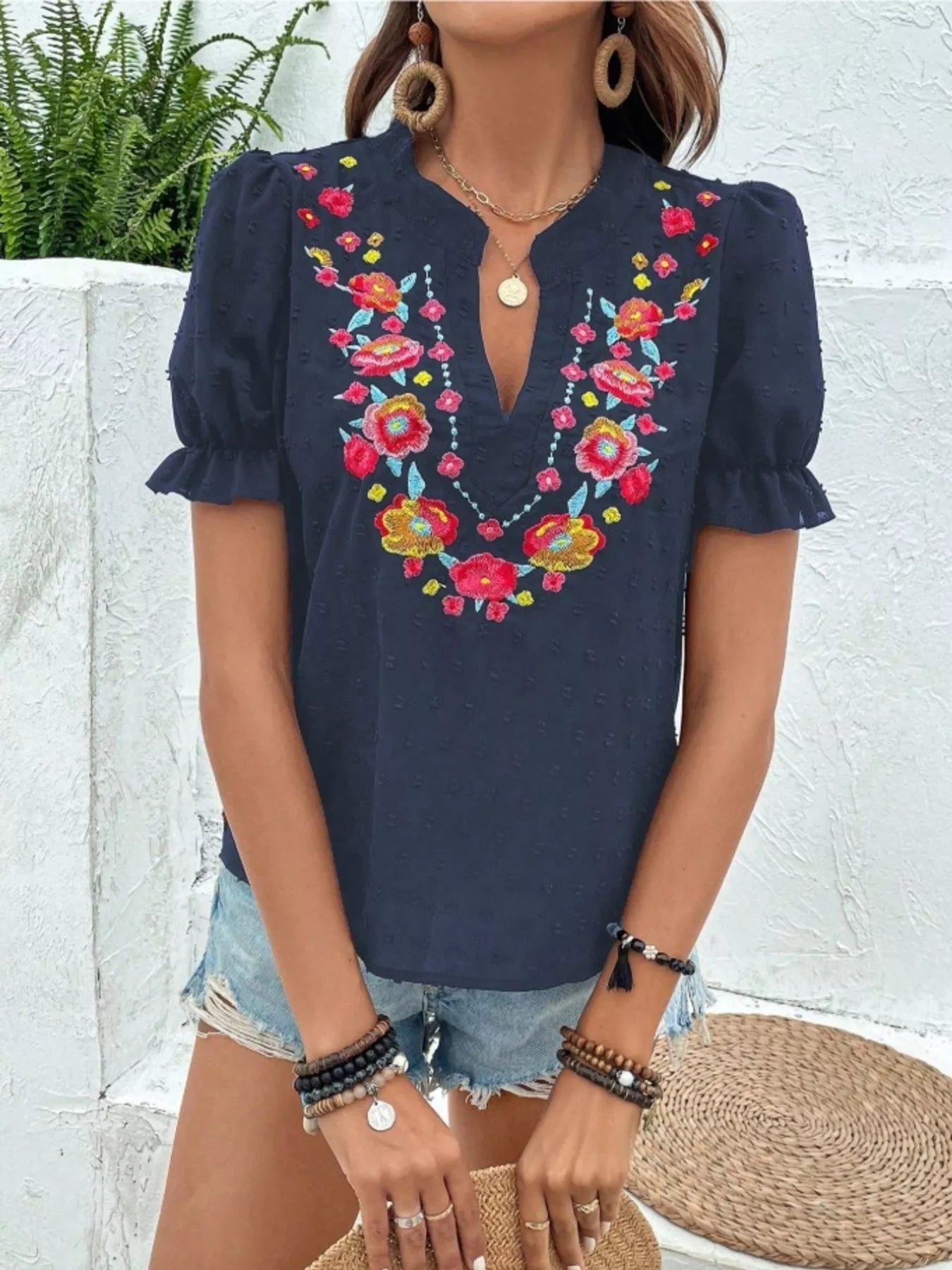 Floral Embroidered Puff Sleeve Blouse 