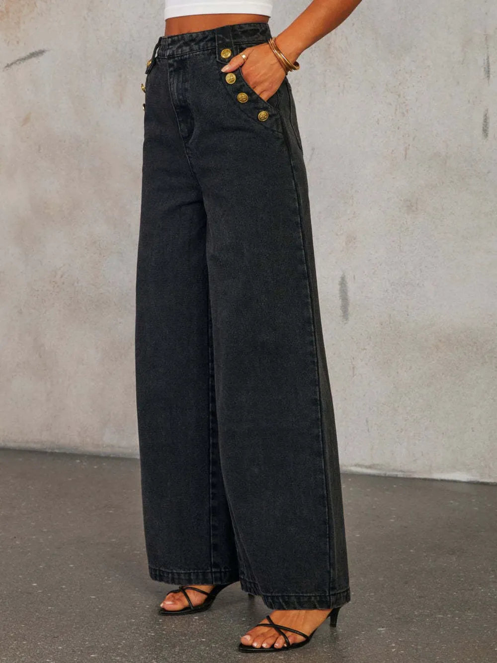 Button Decor High Rise Wide Leg Jeans 