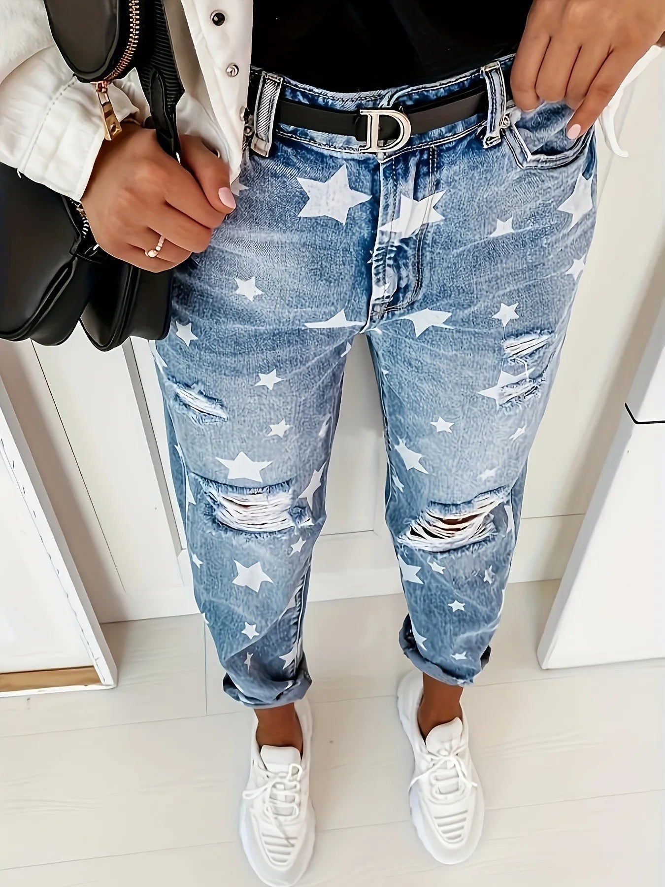 Star Print Distressed High Waist Boyfriend Jeans 