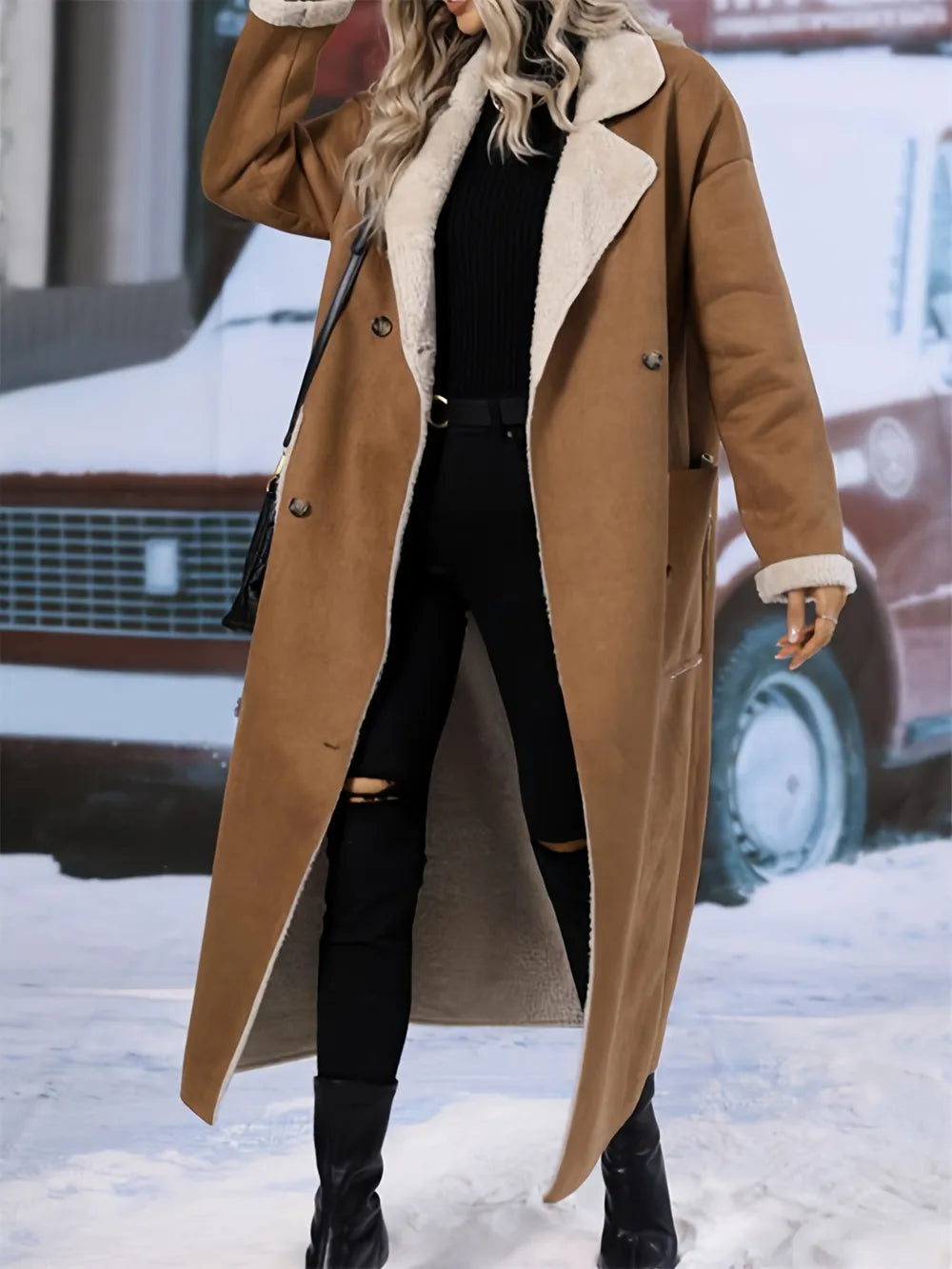 Plus Size Drop Shoulder Sherpa Longline Coat 