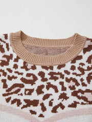 Leopard Color Block Knit Round Neck Baggy Sweater 