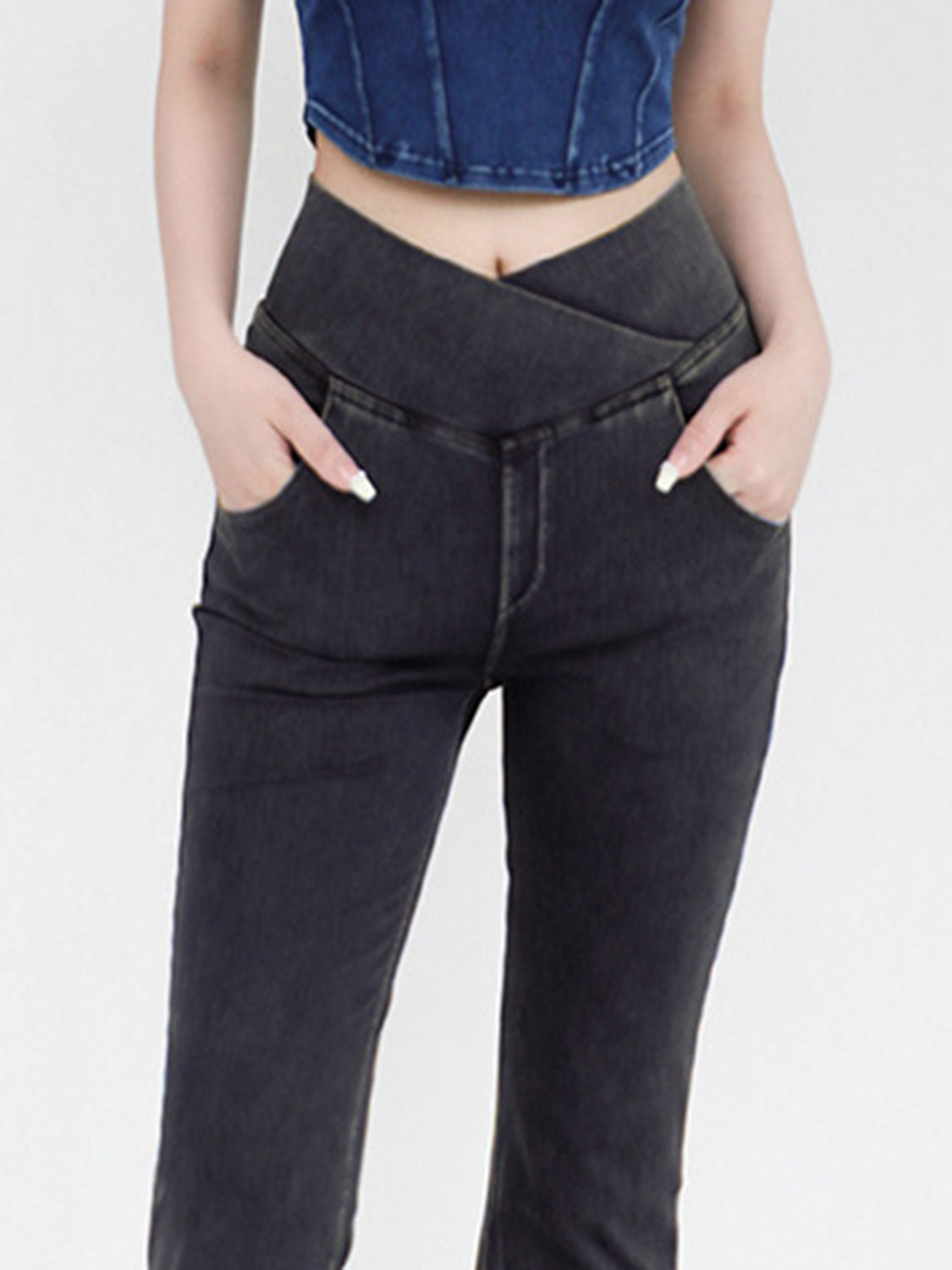 Wide Waistband Bootcut Jeans with Pockets 