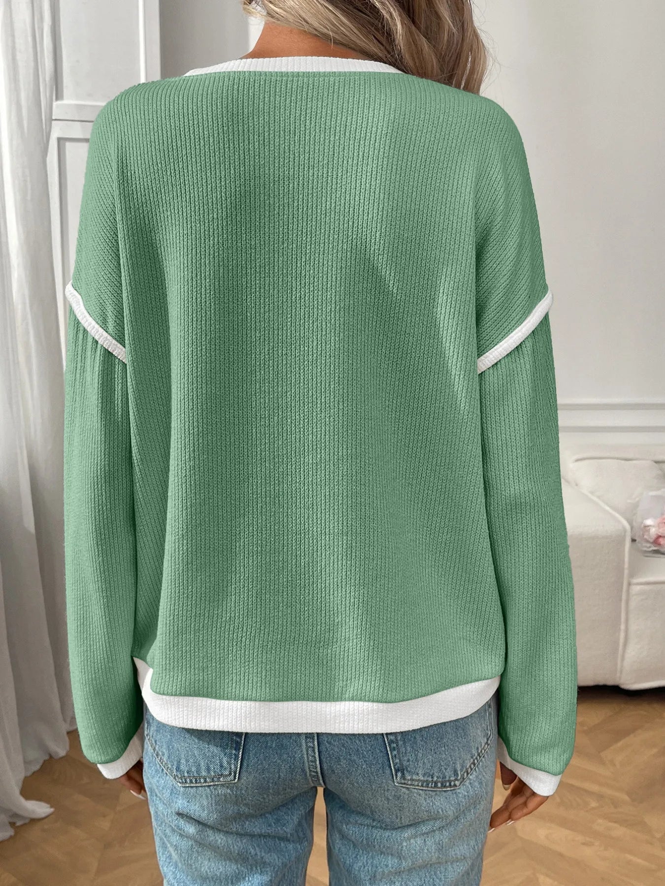 Ribbed Contrast Trim Long Sleeve Top 