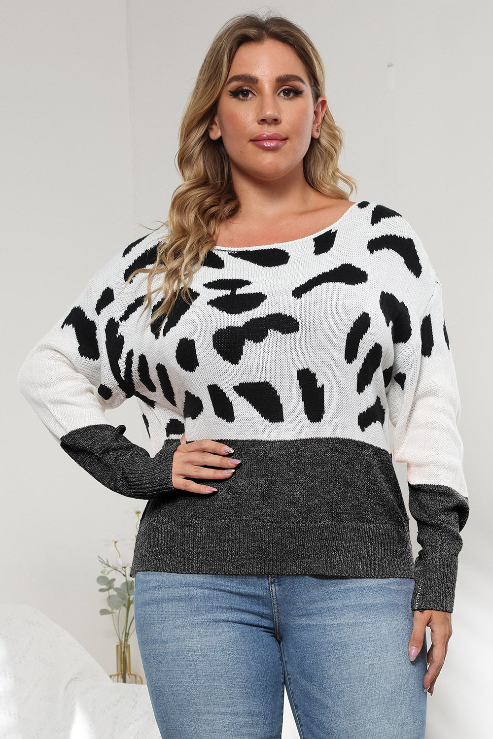 Plus Size Leopard Round Neck Long Sleeve Sweater 