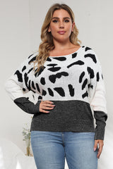 Plus Size Leopard Round Neck Long Sleeve Sweater 