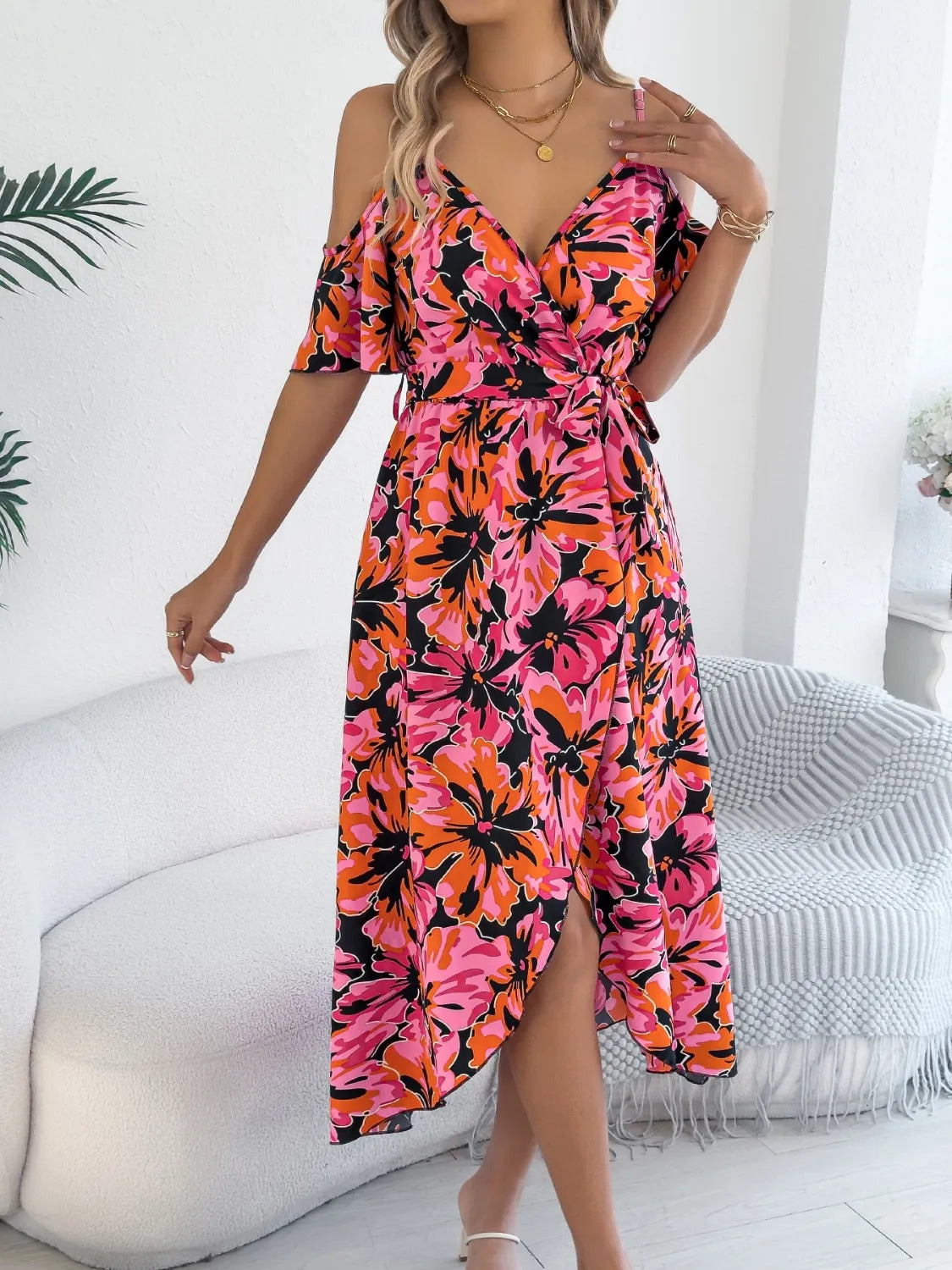Printed Cold Shoulder Midi Cami Dress 