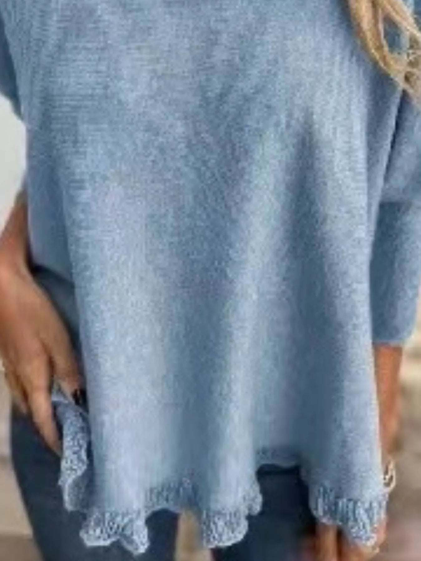 Full Size Round Neck Long Sleeve Knit Top with Lace Trim Plus Size 
