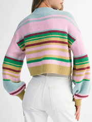 Multicolour Striped Knit Ribbed Trim Boxy Fit Cropped Sweater 