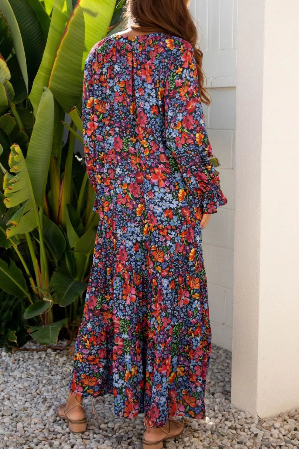 Floral Notched Flounce Sleeve Maxi Dress 