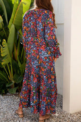 Floral Notched Flounce Sleeve Maxi Dress 