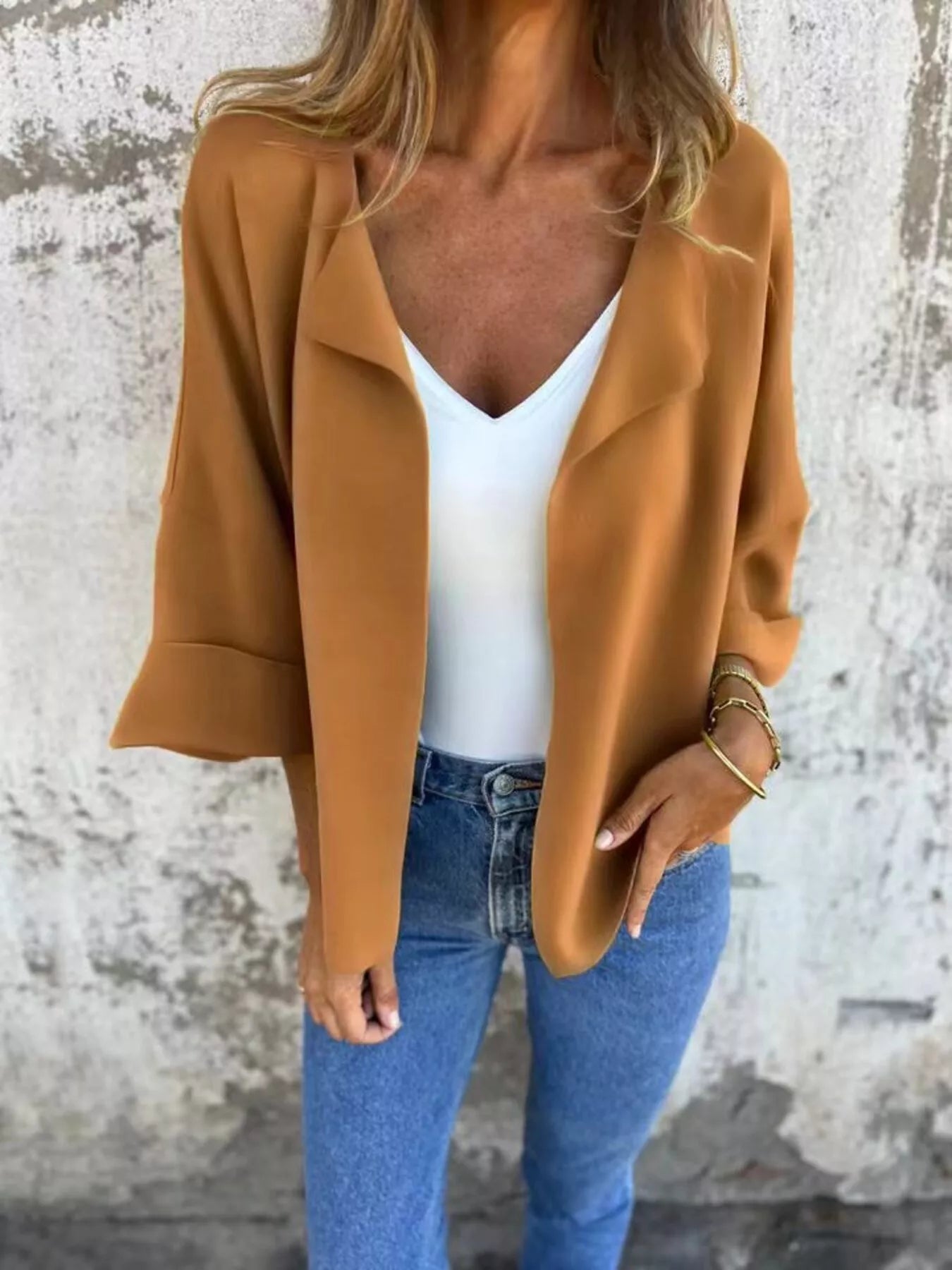 Full Size Open Front 3/4 Sleeve Casual Cardigan Plus Size 