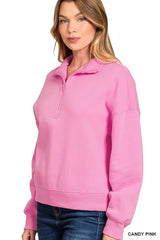 Zenana Fleece High Neck Half Zip Sweatshirt 