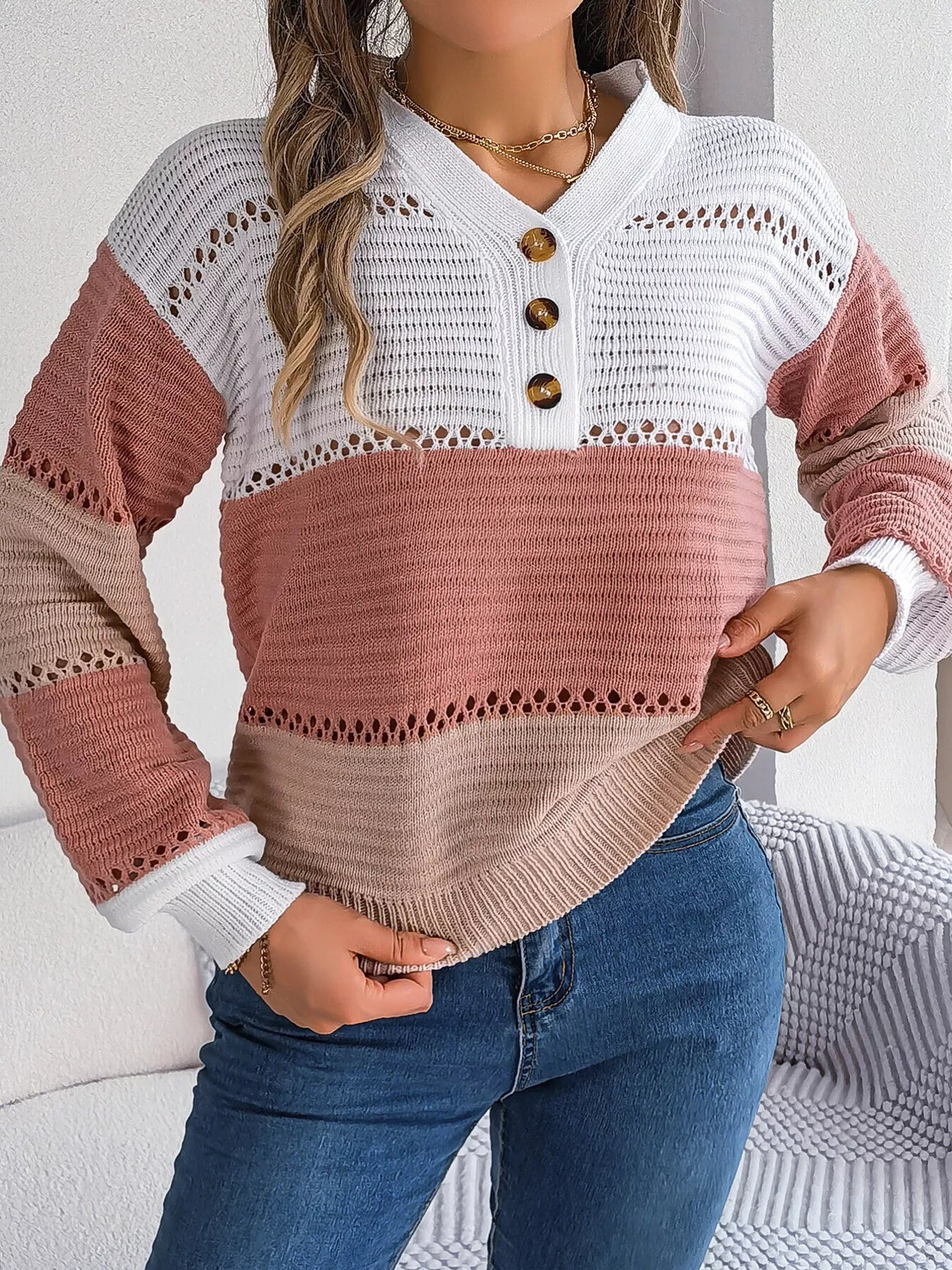 Color Block Striped V-Neck Button Detail Sweater 