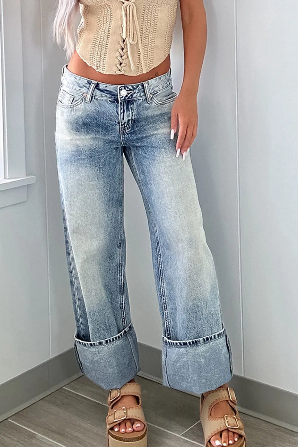 Washed Wide Leg Jeans with Pockets 