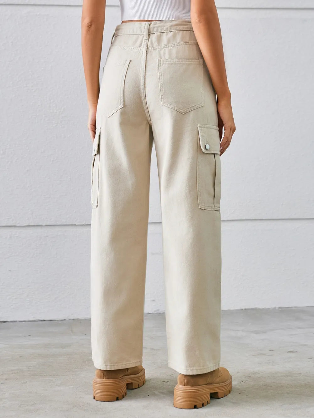 Drawstring Mid-Rise Waist Straight Cargo Jeans 