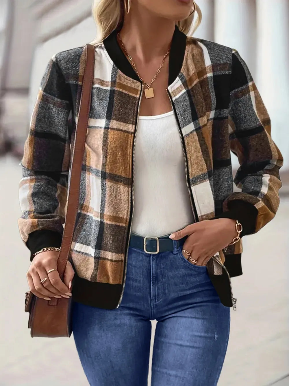 Plus Size Plaid Baseball Collar Zip Up Jacket 