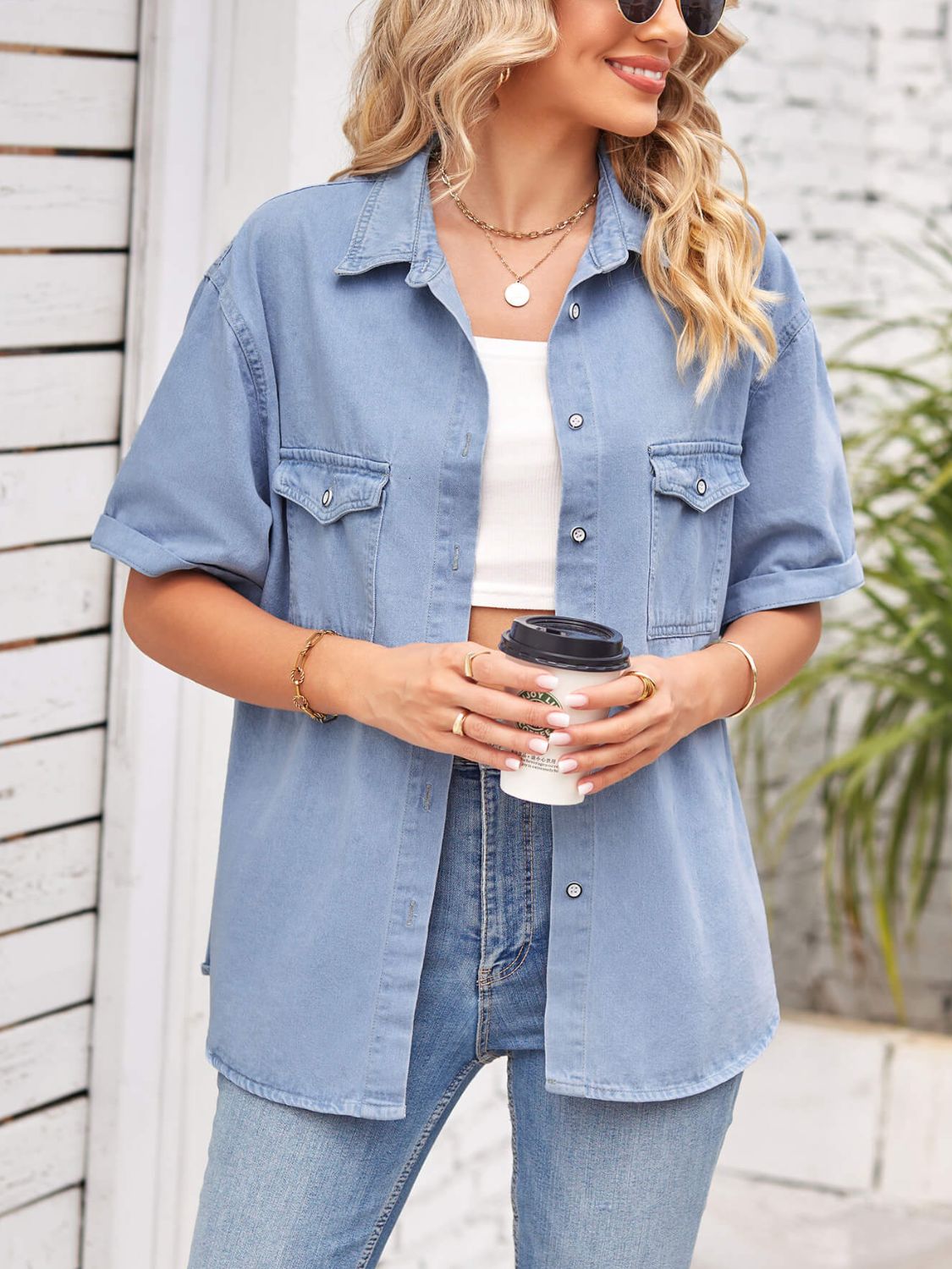 Collared Neck Short Sleeve Denim Jacket 