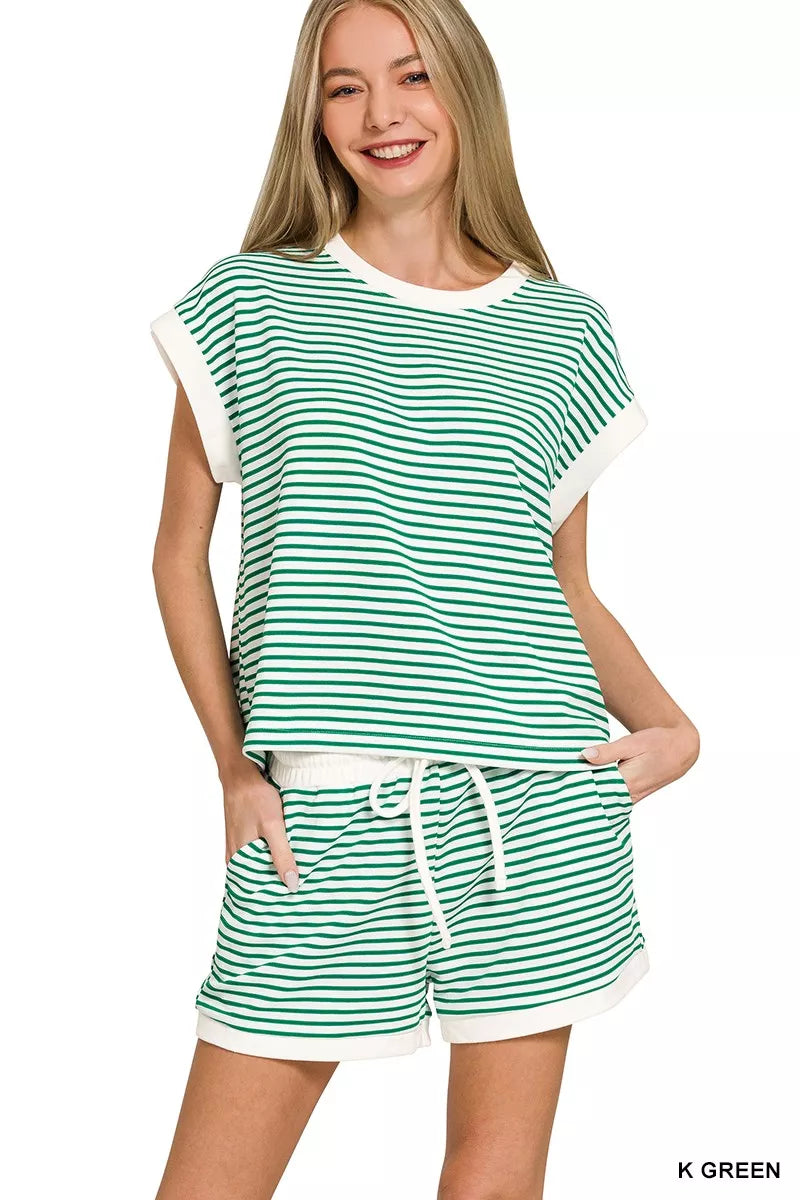Zenana Stripe Contrast Trim Top & Shorts Set 